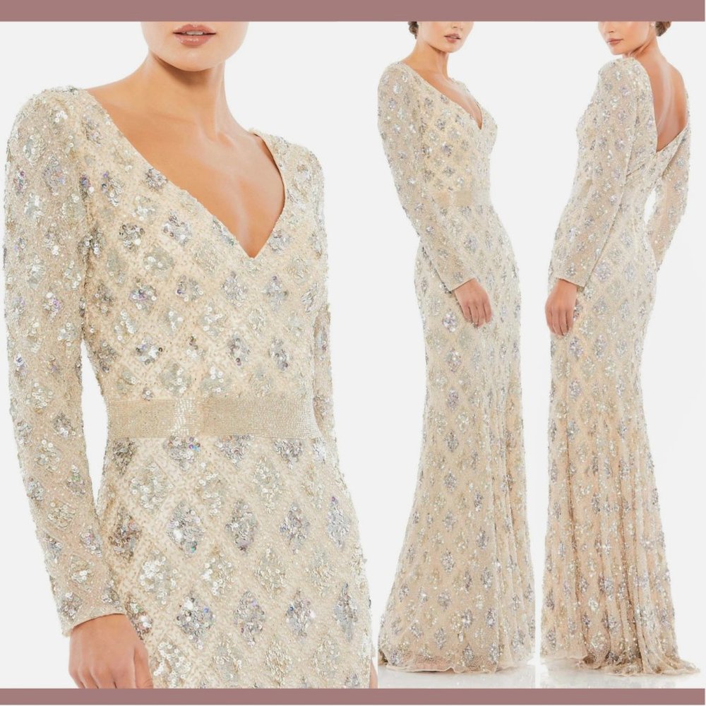 NEW $598 Mac Duggal [ 6 ] Geometric Embellished V Neck Evening Gown‎ Nude Silver
